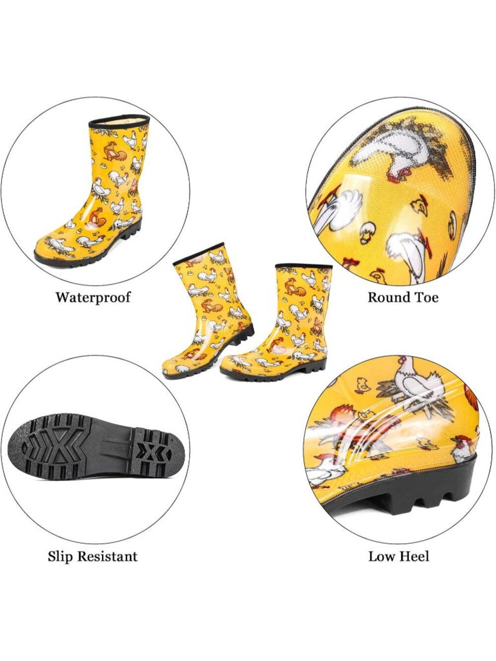 Women's Yellow Wide Calf Waterproof Rubber Garden Cushioned Insole Rain Boots - Picture 5 of 6